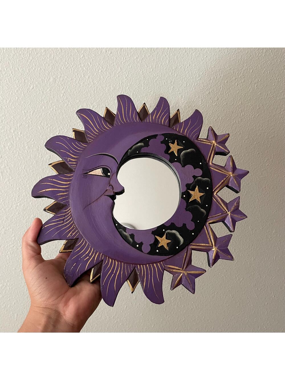 Vintage 90s Celestial Sun Moon Stars Mirror 11in Hand Painted Whimsigoth Purple